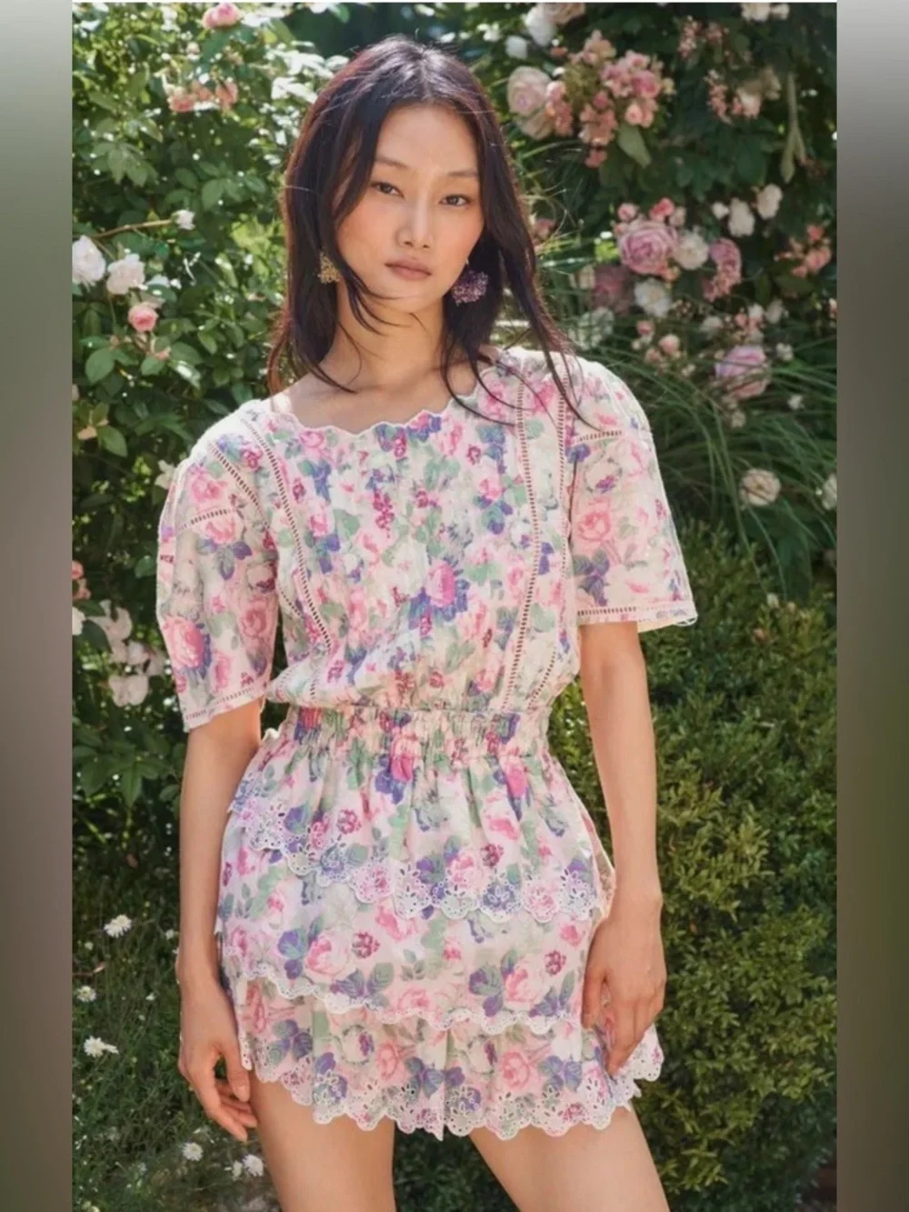 LoveShackFancy Mavis Tiered Mini Cotton Dress in Veiled Kiss Floral Pink - L - Picture 3 of 6